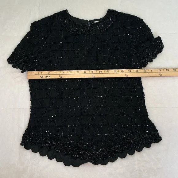 Vintage Black Beaded Short Sleeve Women's Top - Picture 7 of 12